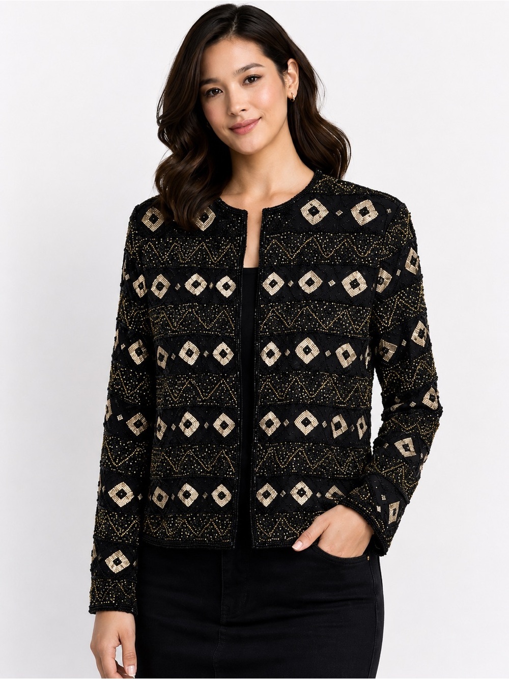 Papell Boutique Vintage Black Gold Beaded 100% Silk Evening Jacket S